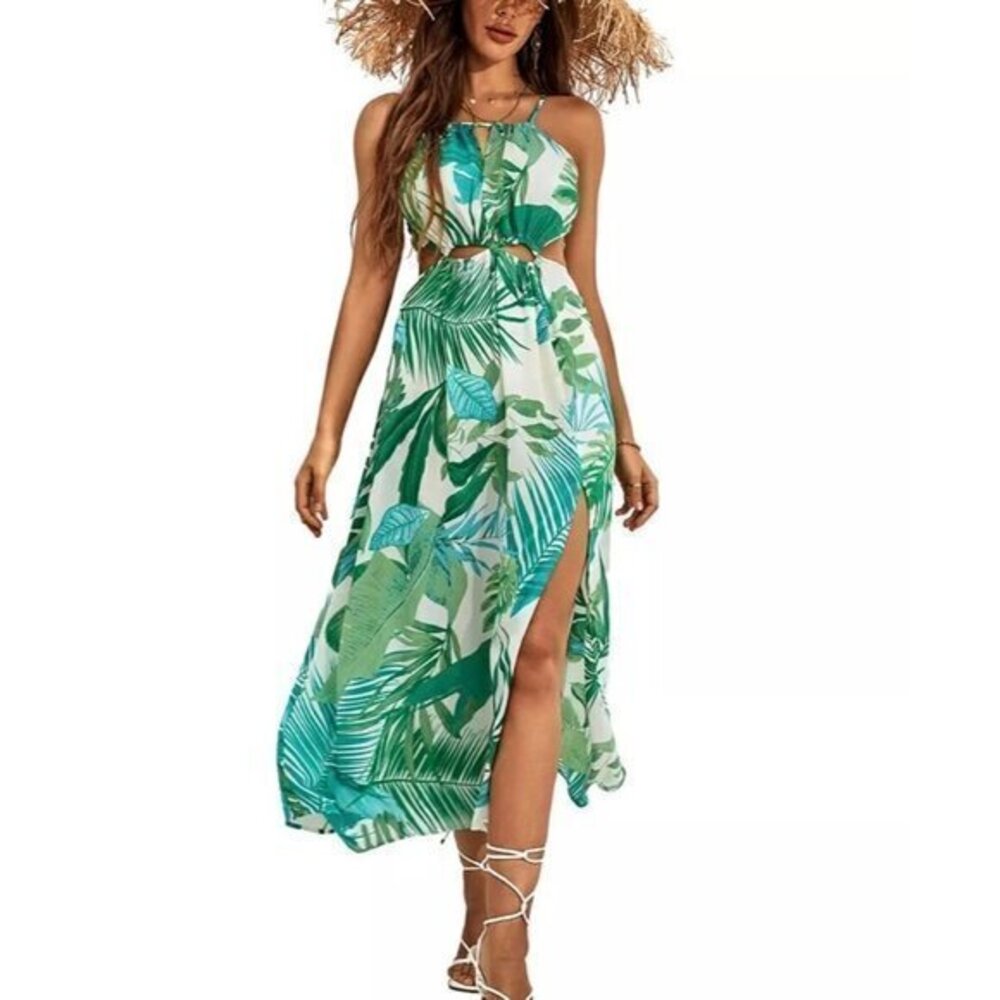 Cupshe Leafy‎ Cutout Maxi Sleeveless Tropical Plants Dress Size M
